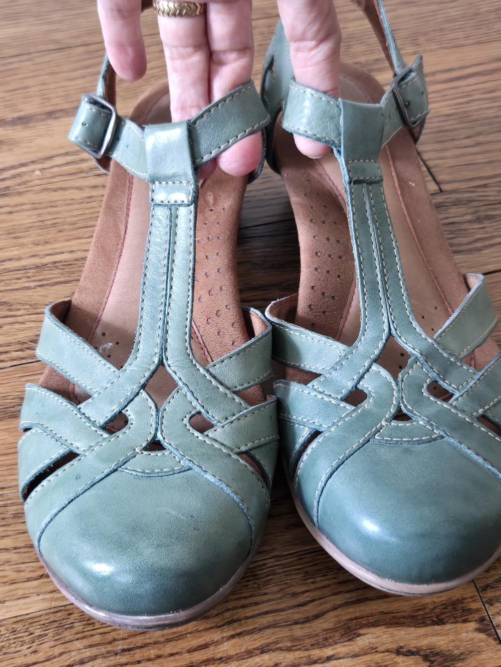 Women's Green Leather T-Strap Sandals with Adjustable Ankle Buckle